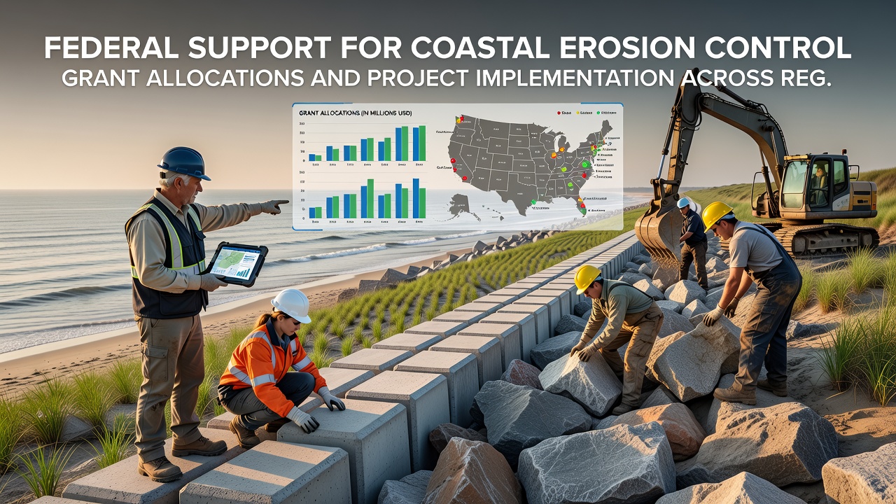 Workers installing erosion control structures on a Gulf Coast beach with heavy machinery